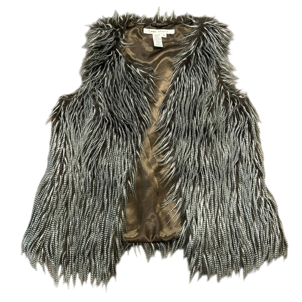 Max Studio Shaggy Boho Faux Fur Vest Grey Brown Open Front Size M A708Z41